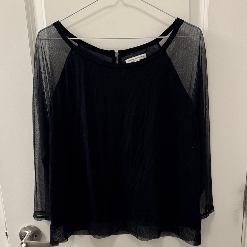 American Eagle Outfitters Black Blouse with Sheer Lace Sleeves